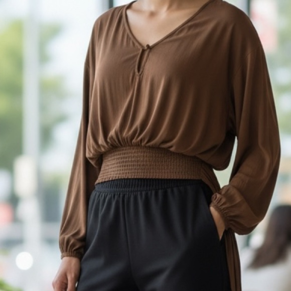 Anthropologie brown, long-sleeved, V-neck blouse with a tie waist